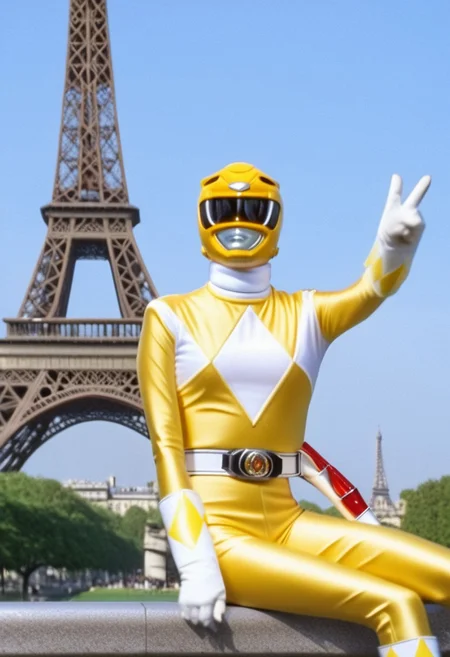 female yellow power ranger, morphed, helmet, uniform, white turtleneck collar, white gloves belt, holstered weapon, relaxed, sat on bench in front of single Eiffel Tower in Paris, summer day, legs crossed, making V-sign with both hands, facing camera, hyperdetailed photography
