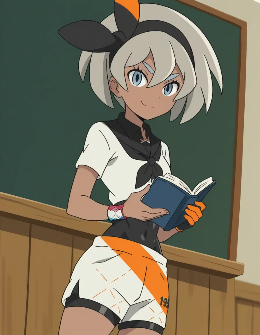 score_9, score_8_up, score_7_up, source_anime, <lora:pokemon-bea-anime-ponyxl-lora-nochekaiser:1>, pokemonbea, blue eyes, dark skin, dark-skinned female, grey hair, hair between eyes, short hair, ribbon, hair ribbon, hairband, black ribbon, black hairband,, bodysuit, covered navel, shorts, single glove, glove, crop top, white shirt, short sleeves, collar, white shorts,, school uniform, classroom, chalkboard, day time, studying, smile, looking at viewer, solo,, cowboy shot, dutch angle