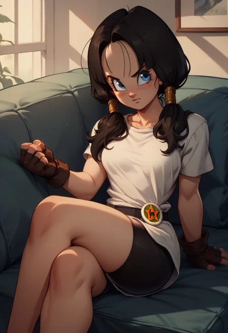 score_9, score_8_up, score_7_up, score_6_up, BREAK,uncensored,, lounging on couch,erotic lingerie,
Videl, blue_eyes, black_hair, long_hair, low_twintails, small_breasts, black_shorts, bike_shorts, white_shirt, fingerless_gloves, black_gloves