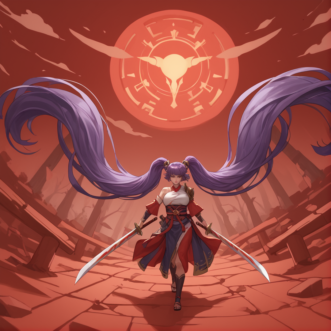 Masterpiece, high quality, score_9, score_8_up, score_7_up, 1girl, full body, red background, battlefield, shrine, mythical ruins, ancient forest, complex background, injury, torn clothes, from above, standing, holding sword, looking to the side, wind,  <lora:StS_detail_slider_release_two_v3:1> <lora:Seiten_QBG:0.8> purple hair, long hair, twintails, red eyes, pointy ears, big breasts