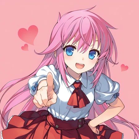 <lora:Kurusu_Miki_1_nai-000053:1>,Kurusu Miki,
red ascot,red skirt,collared shirt,puffy short sleeves,white shirt,
1girl,solo,smile,simple background,pink background,heart,open mouth,leaning forward,pointing at viewer,hand on own hip,