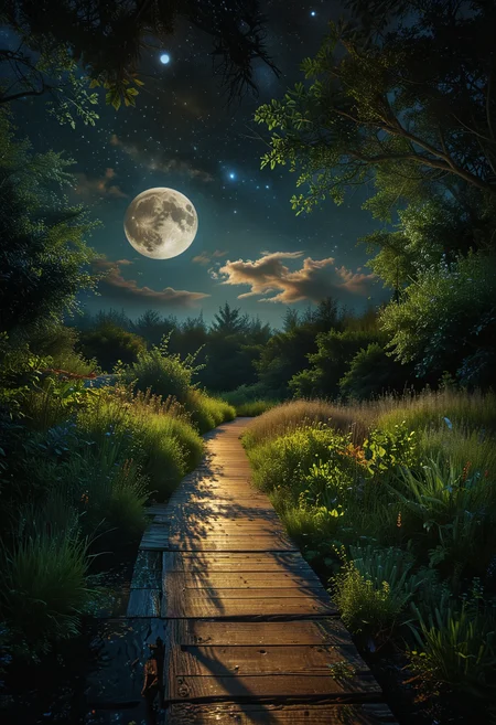 A serene moonlit path winds through a tranquil forest, bathed in the soft glow of a full moon, The wooden walkway is bordered by lush greenery and tall grass, shadows dancing gently as the night breeze rustles the leaves, The sky is a deep velvety indigo, few clouds that partially veil the radiant moon, The peaceful scene evokes a sense of calm and wonder, celestial light, <lora:MJ52:0.7>, <lora:add-detail-xl:1>, <lora:SDXLFaeTastic2400:0.3>, <lora:CinematicStyle_v1:1>, <lora:zavy-cntrst-sdxl:0.7>