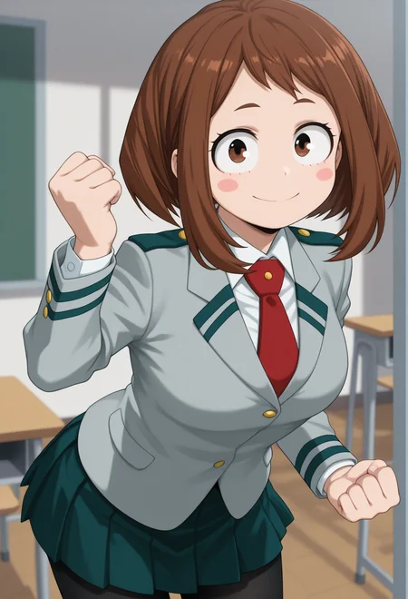 masterpiece, best quality, amazing quality, 1girl, solo, <lora:Illuraraka:1> illuraraka, brown hair, short hair, blush stickers, brown eyes, jacket, green pleated skirt, school uniform, black pantyhose, blazer, red necktie, u.a. school uniform, classroom, smile, clenched hand, hand up, looking at viewer,