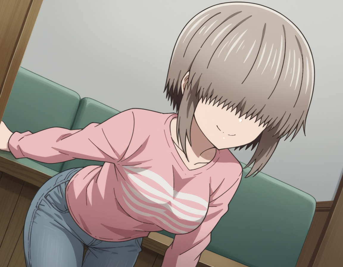 score_9, score_8_up, score_7_up, source_anime,
yanagiuzaki, <lora:yanagi-uzaki-s2-ponyxl-lora-nochekaiser:1>,
yanagi uzaki, short hair, bangs, grey hair, hair over eyes, covered eyes, long bangs, sidelocks, medium breasts,
shirt, long sleeves, pink shirt, collarbone, pants, denim,
indoors, bent over, smile,
looking at viewer, cowboy shot, solo, dutch angle,