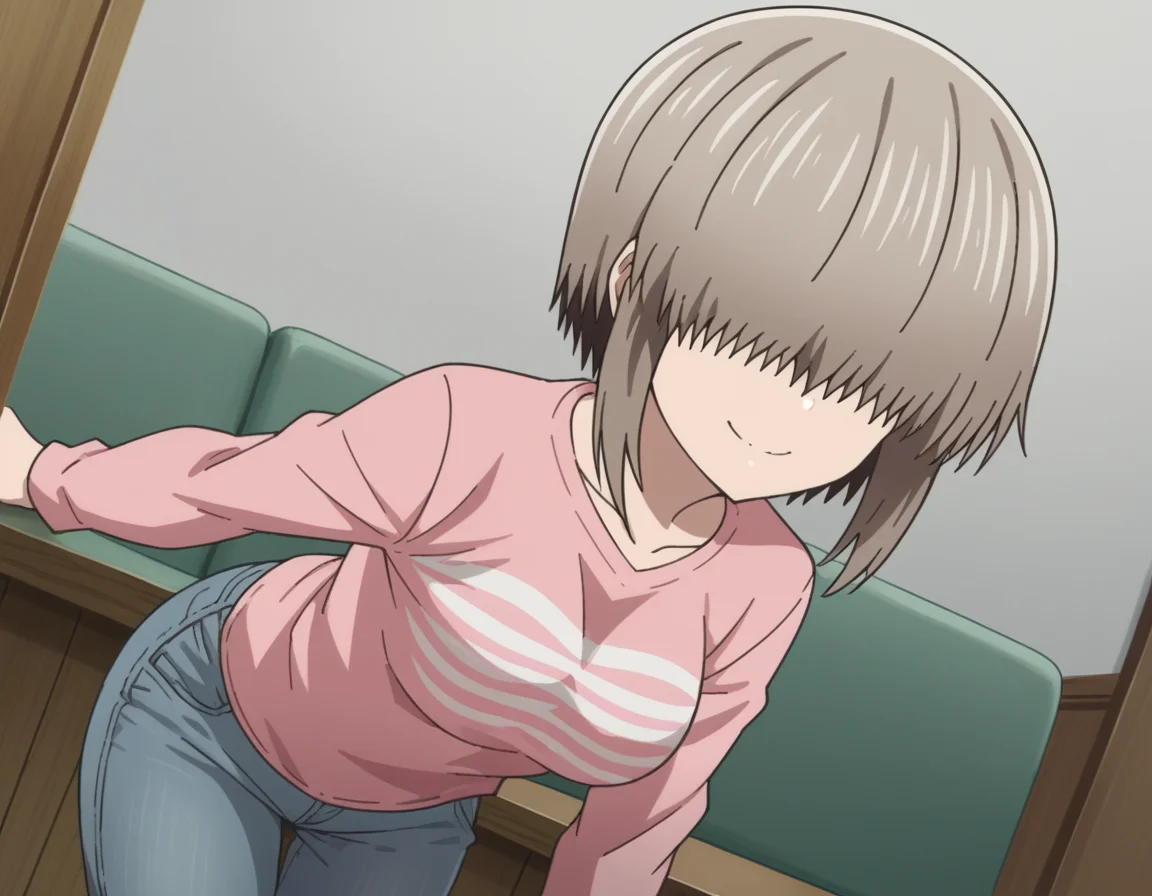score_9, score_8_up, score_7_up, source_anime,
yanagiuzaki, <lora:yanagi-uzaki-s2-ponyxl-lora-nochekaiser:1>,
yanagi uzaki, short hair, bangs, grey hair, hair over eyes, covered eyes, long bangs, sidelocks, medium breasts,
shirt, long sleeves, pink shirt, collarbone, pants, denim,
indoors, bent over, smile,
looking at viewer, cowboy shot, solo, dutch angle,