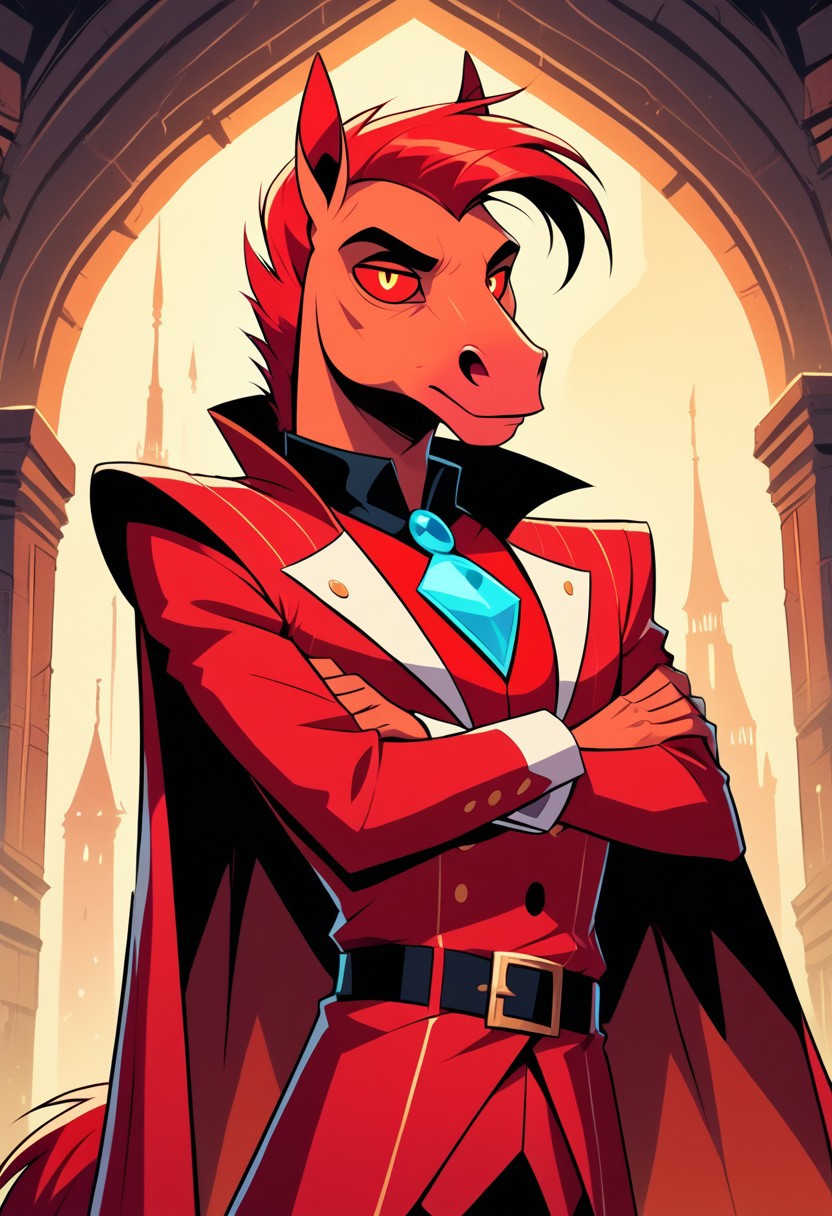 SCORE_9, SCORE_8_UP, HazbinStyle, cartoon character,
OverallDetail, Expressiveh, saturated colors (best quality:1.1), HCSV1, (masterpiece:1.2), saturated colors, (detailed:1.1), (high res, best quality:1.2),(ultra HD quality details), (dynamic angle),
SOURCE_FURRY, SOLO, 1 male, anthro horse,
red EYES, no SCLERA, red body, red mane, red tail,
Red Nobleman's Outfit, Raise both hands up, happy pace,
indoor, cloak tower,
HIGH RESOLUTION, VIVID TEXTURES, DETAILED PUPILS