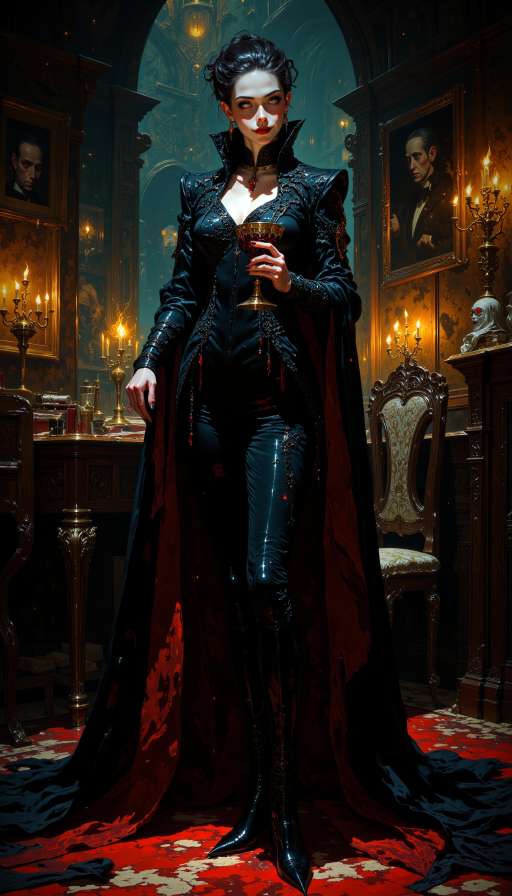 Create a chilling, hyper-detailed portrait of a vampire queen whose beauty is as mesmerizing as it is terrifying. Her face is the epitome of elegance, with sharp, delicate features and a warm, almost kind smile that hides the darkness within. Her lips are stained a deep crimson, and her eyes glow with a faint, otherworldly light, their color shifting between gold and blood-red as if reflecting her inner hunger.

Her long, razor-sharp nails are painted black, their tips glistening with fresh blood, hinting at her recent "activities." She holds a delicate, ornate goblet in one hand, filled to the brim with dark, viscous blood that seems to shimmer under the dim, flickering candlelight. A single drop of blood trails down the side of the goblet, catching the light as it falls.

The background is a lavish, gothic chamber filled with opulent details—velvet drapes, antique furniture, and candelabras casting long, eerie shadows. The walls are adorned with portraits of her past victims, their eyes hollow and lifeless, yet somehow still watching. The floor is a mosaic of black and red tiles, with a faint trail of blood leading to a hidden door, slightly ajar, revealing a glimpse of a dark, ominous hallway.

The atmosphere is thick with tension, the air heavy with the scent of iron and decay. The lighting is dim and dramatic, with flickering candles casting a warm, golden glow that contrasts sharply with the cold, lifeless shadows. Every detail—from the texture of her porcelain skin and the glint of her nails to the intricate patterns of the gothic chamber—should be rendered with hyper-realistic precision, creating a visceral and haunting image.

The overall mood is a blend of beauty and horror, capturing the duality of her nature—a creature of grace and cruelty, whose kind smile hides a thirst for blood and a love for the macabre.