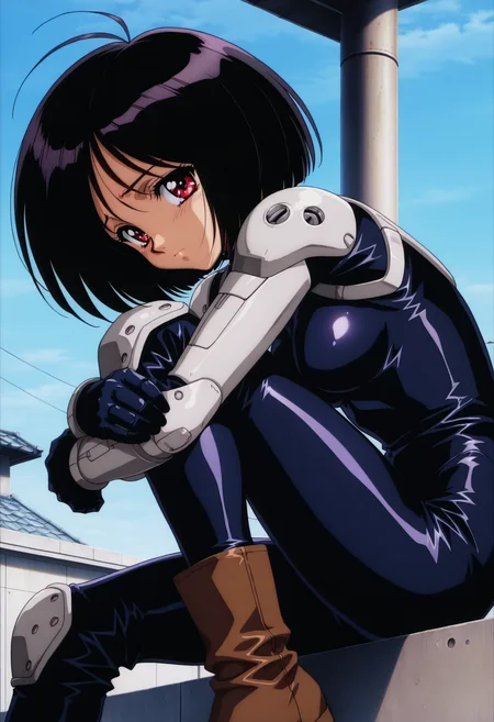 masterpiece, best quality,  absurdres, highres, cinematic light, 1girl, solo, <lora:gally-Illustrious:1>gally_wz, short hair, bob cut, black hair, red eyes, antenna hair, mechanical arms, mechanical hands, bodysuit, brown boots, knee pads, gloves,  cyborg, 1990s \(style\), retro artstyle, roof, sitting, hugging own legs, sad, outdoors, day, blue sky, sidelighting, from side,  looking at viewer, shiny clothes,  <lora:anime_screencap-Illustrious_1064755:1> anime screencap, anime coloring