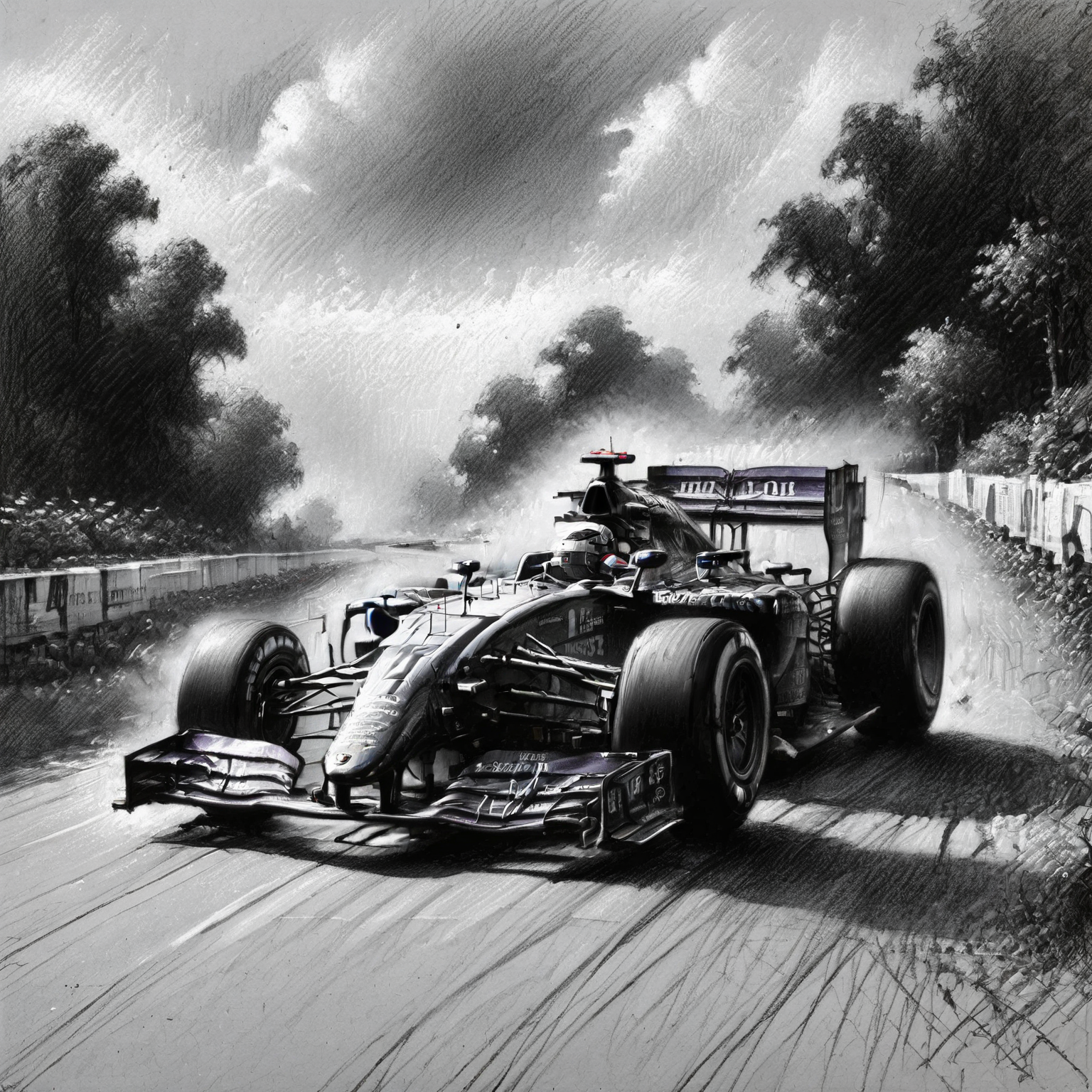 A modern F1 race car driving down the straight  <lora:Renaissance_Drawing:1.0>, <lora:EnvyBetterHiresFixXL01:0:hr=1>