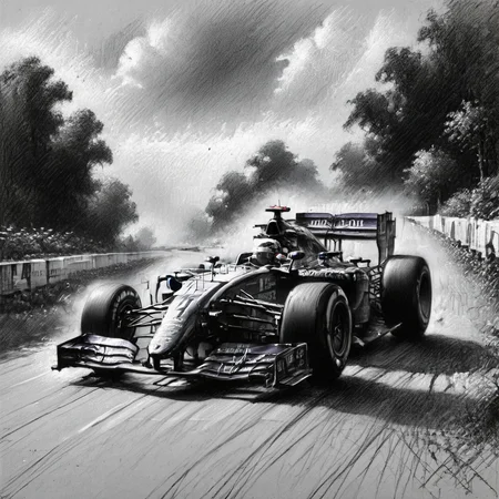 A modern F1 race car driving down the straight  <lora:Renaissance_Drawing:1.0>, <lora:EnvyBetterHiresFixXL01:0:hr=1>