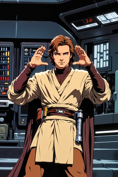a cartoon illustration of a young man with short hair in jedioutfit with his hands up,on a starbase<lora:JEDIOTFIT_FLUX> <lora:RetroAnimeFluxV1:0.5><lora:NeonFantasyFLUX:0.3>