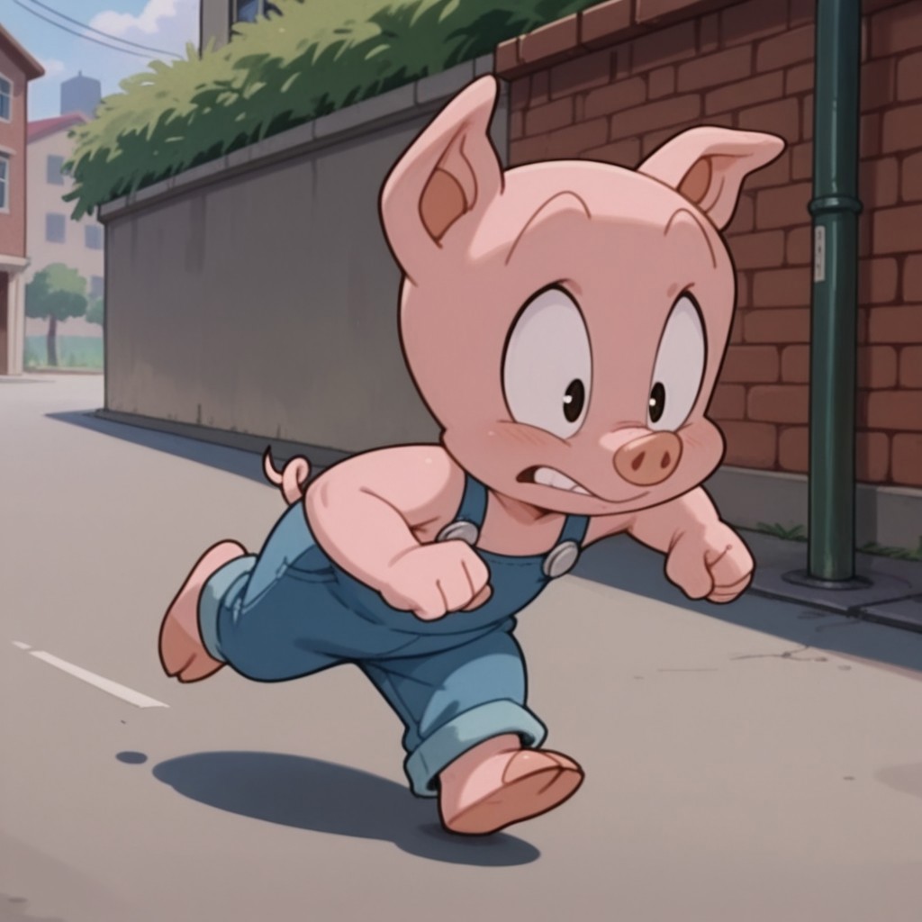 masterpiece, best quality, amazing quality, hamtonttaIl, anthro, male, pig, pink skin, blue overalls,  1boy, solo, running, down a street