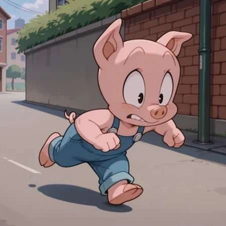masterpiece, best quality, amazing quality, hamtonttaIl, anthro, male, pig, pink skin, blue overalls, 1boy, solo, running, down a street