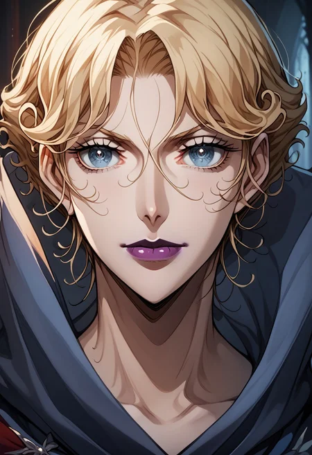 source_anime, (C4STL3V4NI4), ((score_9)),score_8_up,score_7_up,score_6_up,score_5_up,score_4_up,<lora:Castlevania_Style_Pony-v1:0.7>, Castlevania_Style, Castlevania Style, 1woman, brita_(darker_than_black), long_hair, blonde_hair, blue eyes, purple_lips, vampire,