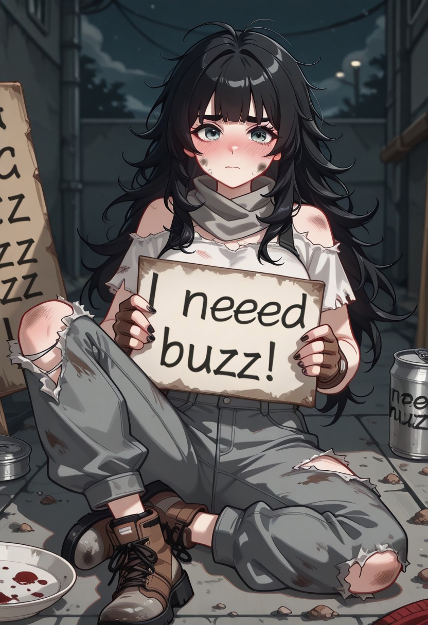 1girl, Expressiveh, KJOjane, long hair, messed up hair, messy hair, dirty hair, black hair, himecut, big eyebrows, satsuki, dirt on face, old dirty shirt, holey shirt, torn shirt, old dirty scarf, old dirty cargo, ripped pants, blue eyes, black hair, hime cut, coverd on dirt, beggar clothes, dirty shoes, dirty fingerless gloves, old gloves, holey tennis, black nails, broken nails, green-grey eyes, black hair, large breast, , blunt bangs, serious, blushing, ashamed, sitting on The ground, empty tuna can, empty mug on The floor, empty plate on floor, a street, night sky, need_buzz, holding sign