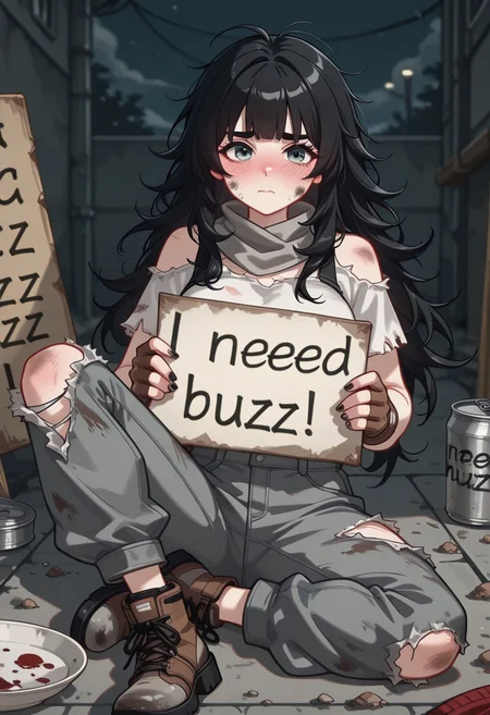 1girl, Expressiveh, KJOjane, long hair, messed up hair, messy hair, dirty hair, black hair, himecut, big eyebrows, satsuki, dirt on face, old dirty shirt, holey shirt, torn shirt, old dirty scarf, old dirty cargo, ripped pants, blue eyes, black hair, hime cut, coverd on dirt, beggar clothes, dirty shoes, dirty fingerless gloves, old gloves, holey tennis, black nails, broken nails, green-grey eyes, black hair, large breast, , blunt bangs, serious, blushing, ashamed, sitting on The ground, empty tuna can, empty mug on The floor, empty plate on floor, a street, night sky, need_buzz, holding sign