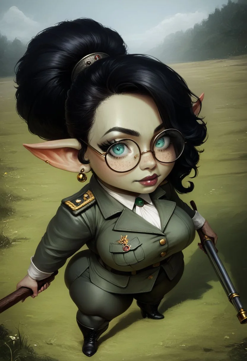 score_9, score_8_up, rating_safe, source_realistic, outdoors, in a world war 1, german trenches, detailed background, 1dk
BREAK
monster_girl, 1girl, sexy goblin girl, (colored skin), (green skin:1.3), realistic skin texture, thicc body, (chubby:0.8), muscular:1.5, giant breasts, (skindentation:1.6), (gigantic hips:1.2), thunder thighs, short goblin, halfling, hobbit, (shortstack:1.8), scars:0.8, (long black hair:1.4), (high mega ponytail:1.2), turquoise eyes, slanted almond-shaped eyes, long eyelashes, (freckles:1.3), large pointed ears, (smoky eyeshadow, black eyeliner, thick burgundy lipstick), ear piercings, severe expression, wearing (German WW1 military uniform:1.3, great coat, grey wool Tunic with brass buttons, field-grey collar patches with dull silver or gold embroidery, grey wool trousers, pickelhaube:1.2, jackboots), round glasses, Jewelry, holding a Gewehr 98 rifle, from above, looking at viewer, standing,