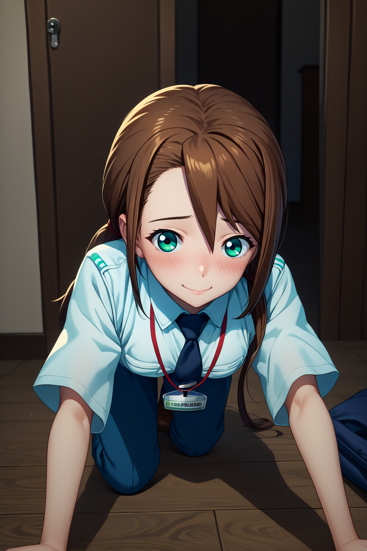 score_9, score_8_up, score_7_up, score_6_up, source_anime, 1girl, solo,  <lora:rnnae-pdxl-nvwls-v1-000005:1> tennoujinae, brown hair, low twintails, turquoise eyes, white shirt, collared shirt, short sleeves, dark blue necktie, lanyard, blue pants, all fours, looking at you, brown shoes, full body, closed eyes, blush, smile, embarrassed, indoors