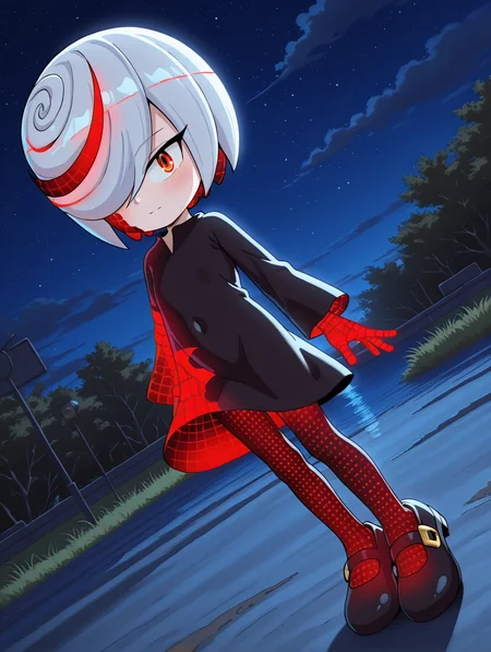 <lora:Sage_Sonic:1> sage, outdoors, night, black dress, looking at viewer, dutch angle, BREAK <lora:Sonic_OVA_style_IL_NS:0.9> sonicova style,, masterpiece, best quality, amazing quality, very aesthetic, absurdres, new, newest,