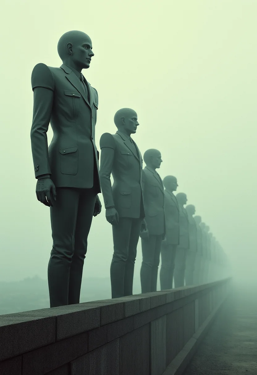 yfg-magritte Front side view, close-up, fantasy art, surrealism, grim, photorealism, hyger, a row of giant droids standing on a city wall, smog, epic, monumental, cinematic, mesmerizing, fine detail, close-up, dynamic, high detail, HDR, ultraHD, photorealistic.