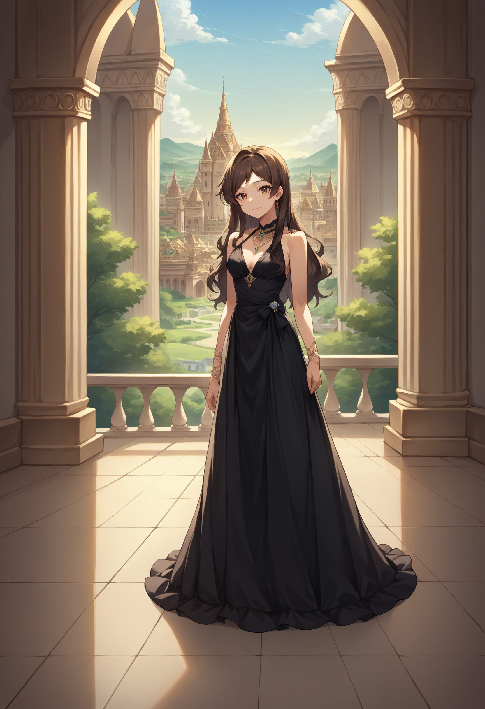 score_9, score_8_up, source_anime, 1girl, solo, KitazawaShiho, long hair, elegant, long dress, black dress, halterneck, smile, indoors, palace, jewelry, standing, <lora:ChamKitazawaShihoPonyXL-000007:1>
