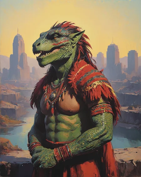 behance, cinematic shot of a Loving ripped Male Argonian, wearing Native American regalia, Ring, background is cityscape, Overdetailed art, Depth of field 270mm, <lora:Bold_Pop:1>