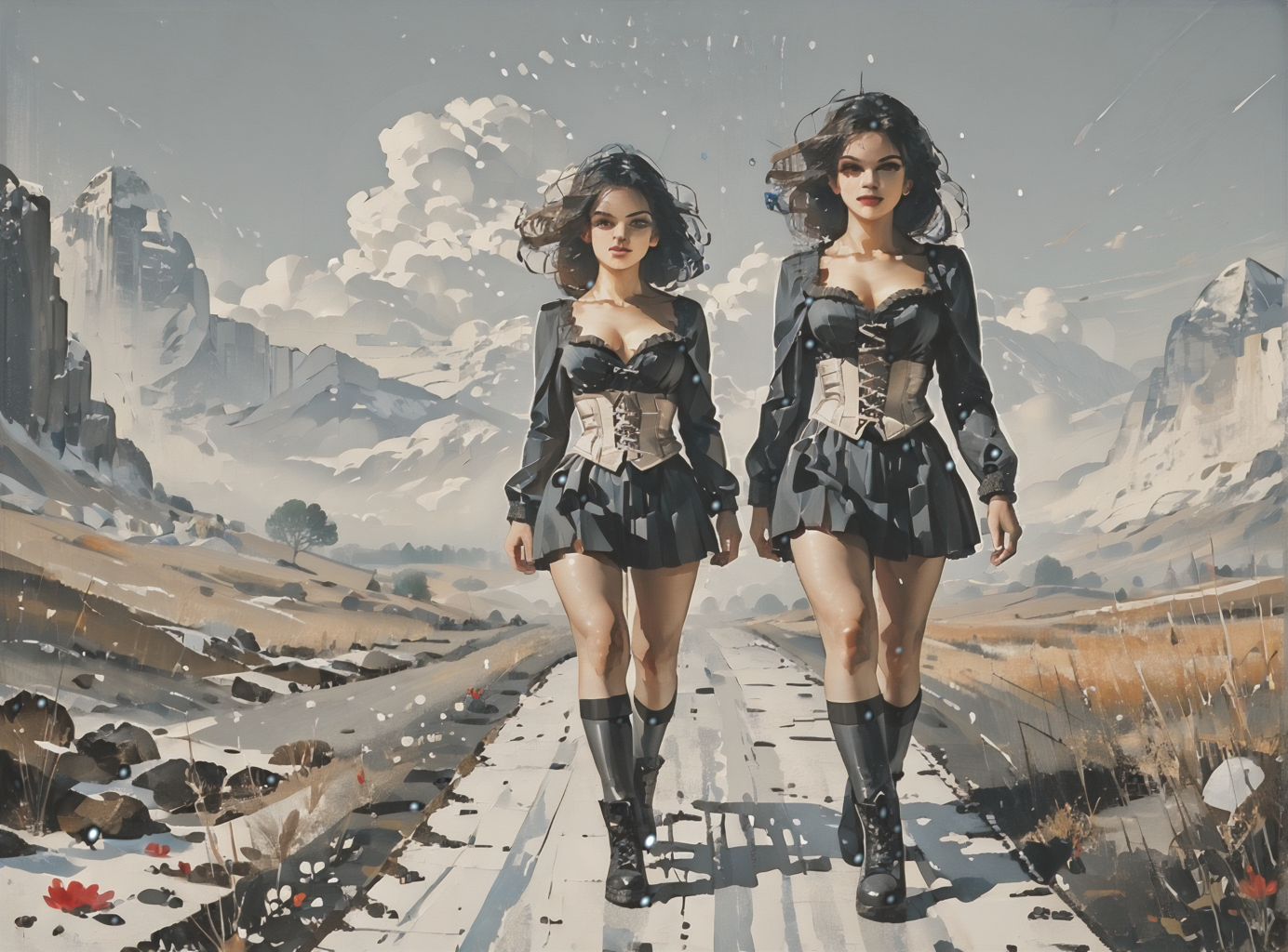 score_9, score_8_up, score_7_up, full body image, environment interaction, walking, woman, pale skin, large breasts, <lora:sm0k3XLP:1>, <lora:goth_clothes:1>, lace-up cords, corset, black combat boots, Shoulder length hair, unnatural haircolor, <lora:john:1>, <lora:simple_cartoon_style:1>, expansive landscape painting background, art gallery,