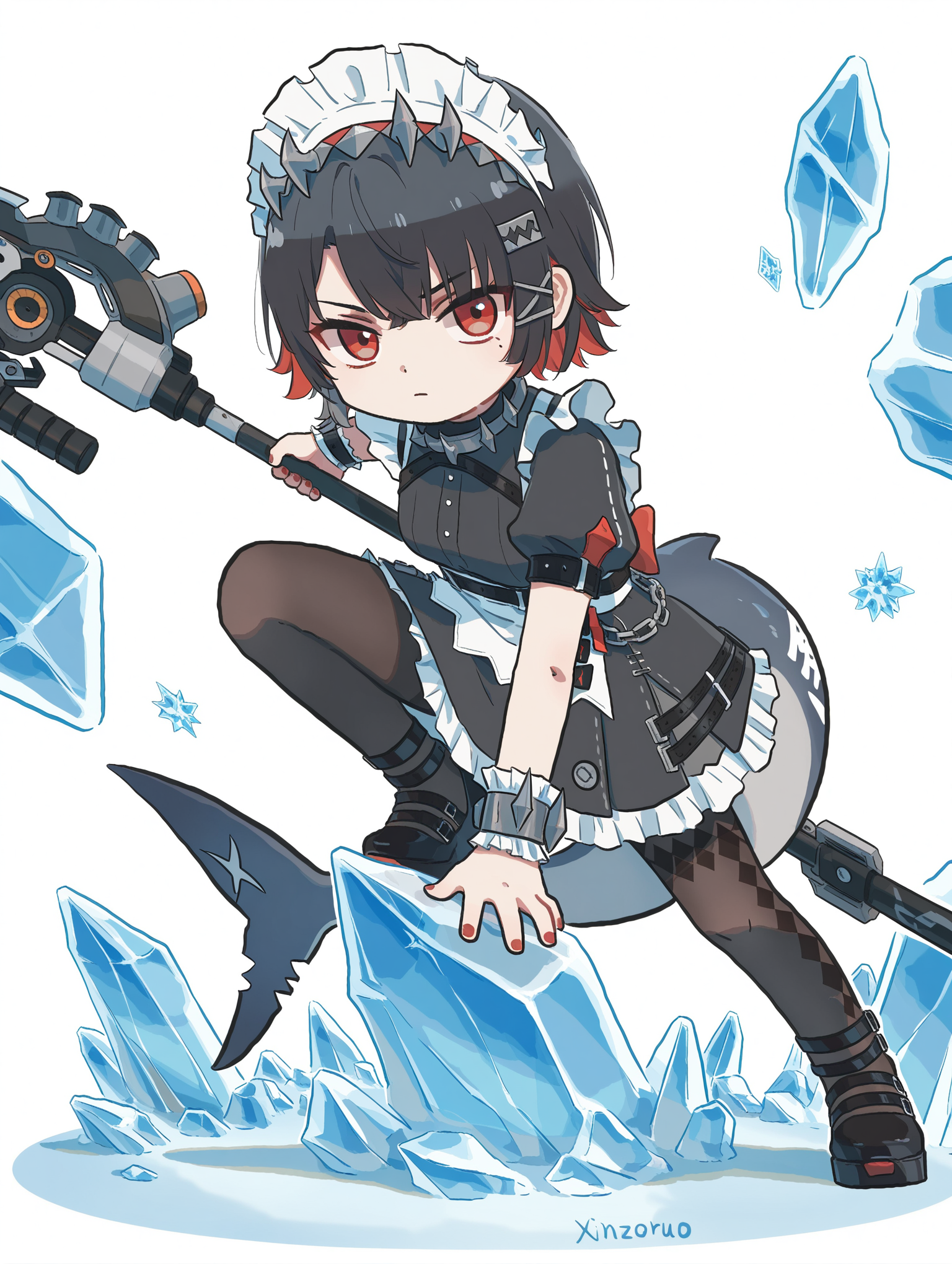 (chibi:1.3),ciloranko,(xinzoruo:1.1),chibi only, white background, ellen_joe,maid_headdress,black_dress,puffy_short_sleeves,mole_under_eye,wrist_cuffs,black_pantyhose,maid_apron,shark_girl,hairclip, ellen joe,zenless zone zero,ellen joe \(zenless zone zero\),1girl,black hair,colored inner hair,fingernails,fins,fish tail,hair between eyes,hair ornament,hairclip,(holding weapon:1.5),looking at viewer,maid,maid headdress,multicolored hair,nail polish,pantyhose,red eyes,red nails,serious,shark girl,shark tail,short hair,sidelocks,solo,tail,two-tone hair,weapon,argyle pantyhose,asymmetrical legwear, fighting stance,Dynamic Pose,frozen,blue_fire,(ice crystal:1.5), weapon,(fighting stance:1.2),
,masterpiece,best quality,amazing quality,