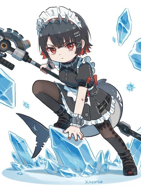 (chibi:1.3),ciloranko,(xinzoruo:1.1),chibi only, white background, ellen_joe,maid_headdress,black_dress,puffy_short_sleeves,mole_under_eye,wrist_cuffs,black_pantyhose,maid_apron,shark_girl,hairclip, ellen joe,zenless zone zero,ellen joe \(zenless zone zero\),1girl,black hair,colored inner hair,fingernails,fins,fish tail,hair between eyes,hair ornament,hairclip,(holding weapon:1.5),looking at viewer,maid,maid headdress,multicolored hair,nail polish,pantyhose,red eyes,red nails,serious,shark girl,shark tail,short hair,sidelocks,solo,tail,two-tone hair,weapon,argyle pantyhose,asymmetrical legwear, fighting stance,Dynamic Pose,frozen,blue_fire,(ice crystal:1.5), weapon,(fighting stance:1.2),
,masterpiece,best quality,amazing quality,
