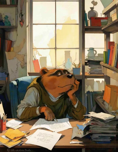 <lora:chzcat:1>, A thoughtful cartoon bear sitting at a desk in a study corner, surrounded by colorful stationery and papers. The bear holds a pencil, looking slightly puzzled but determined, with sunlight streaming through a large window behind them