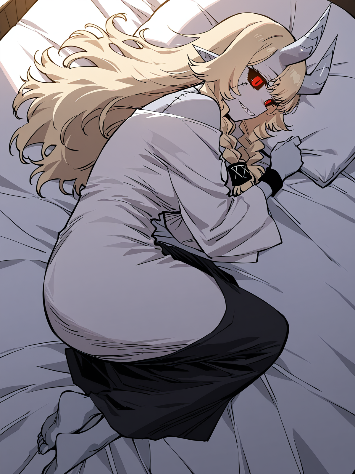<lora:Player__Manhwa__Ran:1>
1girl, solo, light gray skin, sharp teeth, fangs, black sclera, red eyes, slit pupils, blonde hair, long hair, wavy hair, bangs, twin braids, demon horns, gray horns, oni horns, stitched body, visible stitches, scarred body, pointed ears, demon girl, 
white top, long sleeves, loose sleeves, black skirt, long skirt, black pants, waistband, waist ornament, open sleeves, black wristband, white clothes, black and white outfit, barefoot, 
score_9, score_8_up, score_7_up, score_6_up, source_anime, masterpiece, best quality, top-down view, a beautiful woman lying on a bed, relaxed pose, long flowing hair spread on the pillow, soft lighting, cozy bedroom, gentle expression, elegant nightgown, delicate sheets, natural shadows, serene atmosphere, slight perspective distortion from above