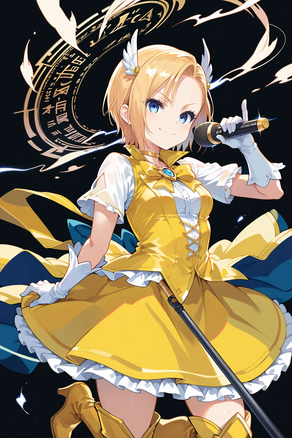 score_max, (score_9, score_8_up, score_7_up:1.2), score_6_up, official art, source_anime,
, masterpiece, absurdres, high detail, 8k,
black background, magic circle, electrokinesis,
fighting stance, holding microphone stand, smile, serious,
, eriza, short hair, magica2019, wing hair ornament, choker, yellow dress, yellow bowtie, white gloves, plated skirt, frills, high heel boots
<lora:XL_Pony_MGCM-eriza-t1:1.2>