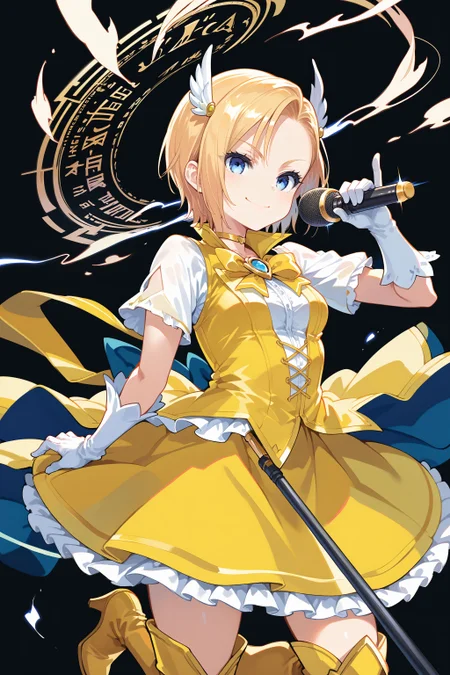 score_max, (score_9, score_8_up, score_7_up:1.2), score_6_up, official art, source_anime,
, masterpiece, absurdres, high detail, 8k,
black background, magic circle, electrokinesis,
fighting stance, holding microphone stand, smile, serious,
, eriza, short hair, magica2019, wing hair ornament, choker, yellow dress, yellow bowtie, white gloves, plated skirt, frills, high heel boots
<lora:XL_Pony_MGCM-eriza-t1:1.2>