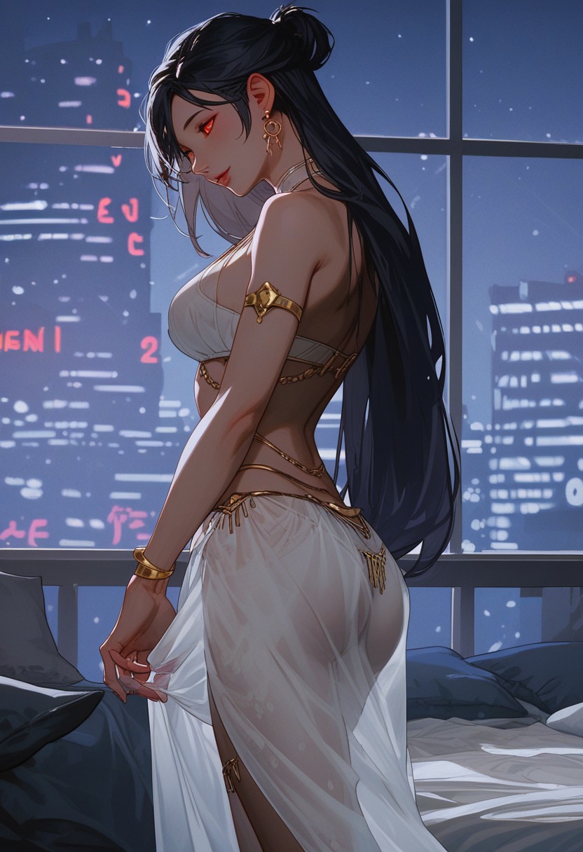 score_9, score_8_up, score_7_up, masterpiece, high quality, ultra detailed, absurdres, Expressiveh, negative_hand, g0thicPXL, neon BREAK 1girl, 18 year old girl, youthful face, slim figure, medium boobs, round butt, tifa lockhart, red eyes, black hair, long hair, earrings, PassionTifa, see-through white sarong, gold jewelry BREAK bedroom, purple bedsheets, late night, neon city outside window, posing, sexy, standing, breasts focus, seductive