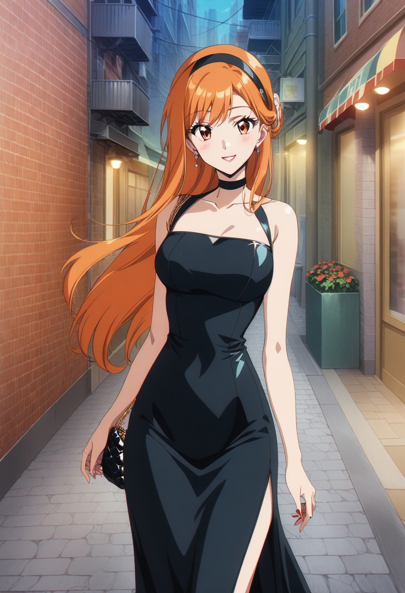 score_9, score_8_up, score_7_up, score_6_up, source_anime. 
BREAK 1girl, solo
BREAK orange hair, orange eyes, long hair, swept bangs, half-updo, Dongtan dress, black dress, glamorous, glitter, hair flip, handbag, hairband, smile, blush, outdoors, city, sidewalk, street, retro artstyle