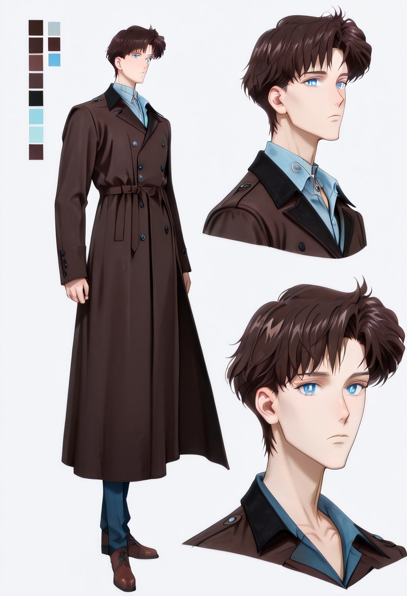 highres, hi res, best quality, masterpiece, intricate details, 4k, absurdes, anime style, detailed features, semi-realistic, painted style, detailed style, ((1boy)), ((solo)), [mamoru_chiba], (handsome anime guy), (beautiful face), [Crystal Movies Style], (alone), ikemenboys, CharacterDesignIllustrious, reference sheet, simple white background, (color guide:1.2), (multiple views), (full body), dynamic pose, well-defined features, Realistic facial features, [sharply defined jawline], 1nverness_c0at, long coat over dress shirt and slacks, loose-fitting clothing, [overdressed], [[scarf]], [clean-cut], [[fashionable]], detailed eyes, big anime eyes, (beautiful light blue eyes), piercing blue eyes, [glistening eyes], perfect eyes, glitter eyes, sparkling eyes, (high-placed eyes), [pointy chin], angular features, (sharp chin and jawline), sharp features, realistic features, defined features, bangs, detailed hair, short hair, (dark brown hair), (darker hair color), streak of grey hair, attractive features, [masculine], [weak], [frail], (high and narrow features), narrow shoulders, [stubble], [pointy nose], attractive, long features, [natural eyeliner], [popular guy], oval face, long face, detailed inner cheeks, sunken cheeks, strong cheekbones, dreamy, (handsome), [skinny], lanky, thin, small mouth, thin lips, (handsome ikemen), Caucasian, white, pinkish-pale skin, gaunt appearance, perfect face, [pretty boy], (handsome face), (gorgeous face), [manly face]