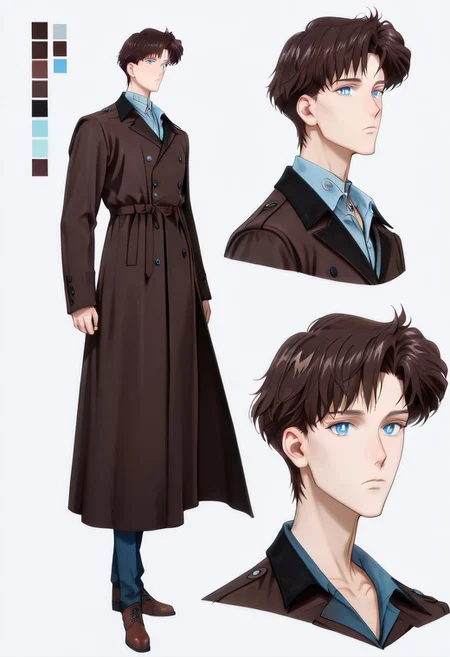 highres, hi res, best quality, masterpiece, intricate details, 4k, absurdes, anime style, detailed features, semi-realistic, painted style, detailed style, ((1boy)), ((solo)), [mamoru_chiba], (handsome anime guy), (beautiful face), [Crystal Movies Style], (alone), ikemenboys, CharacterDesignIllustrious, reference sheet, simple white background, (color guide:1.2), (multiple views), (full body), dynamic pose, well-defined features, Realistic facial features, [sharply defined jawline], 1nverness_c0at, long coat over dress shirt and slacks, loose-fitting clothing, [overdressed], [[scarf]], [clean-cut], [[fashionable]], detailed eyes, big anime eyes, (beautiful light blue eyes), piercing blue eyes, [glistening eyes], perfect eyes, glitter eyes, sparkling eyes, (high-placed eyes), [pointy chin], angular features, (sharp chin and jawline), sharp features, realistic features, defined features, bangs, detailed hair, short hair, (dark brown hair), (darker hair color), streak of grey hair, attractive features, [masculine], [weak], [frail], (high and narrow features), narrow shoulders, [stubble], [pointy nose], attractive, long features, [natural eyeliner], [popular guy], oval face, long face, detailed inner cheeks, sunken cheeks, strong cheekbones, dreamy, (handsome), [skinny], lanky, thin, small mouth, thin lips, (handsome ikemen), Caucasian, white, pinkish-pale skin, gaunt appearance, perfect face, [pretty boy], (handsome face), (gorgeous face), [manly face]