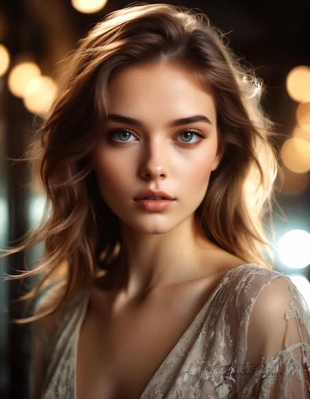 cinematic photo Close-up portrait of a stunningly beautiful supermodel, around 20 years old, her features a mesmerizing blend of classic elegance and modern edge. Her eyes sparkle with confidence and allure, drawing the viewer in. Her skin is flawless, her lips full and inviting. Her hair, a cascade of [Haarfarbe], frames her face perfectly, styled in a [Frisur] that exudes effortless chic. She wears a [Outfit], accentuating her curves and highlighting her natural grace. The background is a [Hintergrund], adding an unexpected and captivating element to the composition. The overall effect is one of breathtaking beauty, confidence, and undeniable sex appeal.  Style: Hyperrealistic, with a touch of fashion editorial flair. Emphasize the model's striking features, flawless skin, and captivating gaze. Experiment with unconventional angles and lighting to create a truly unique and memorable portrait.  . 35mm photograph, film, bokeh, professional, 4k, highly detailed