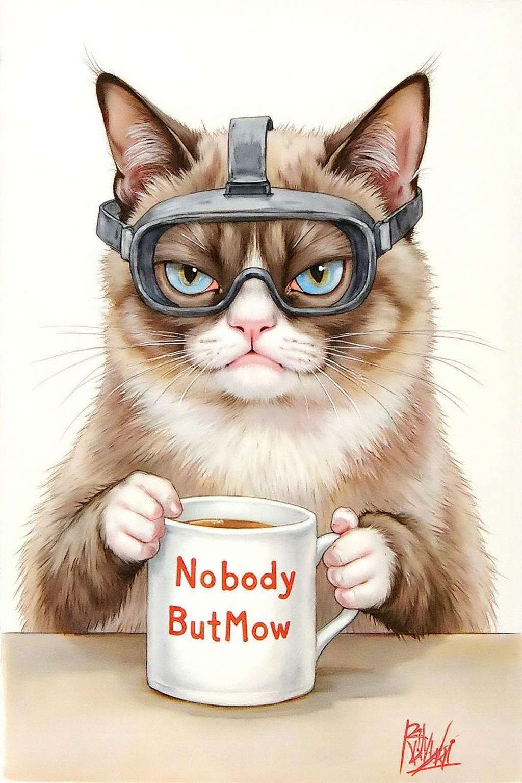 detmo1d watercolor painting.
Grumpy Cat holding a coffee mug, wearing a VR Headset. The mug has the phrase "NobodyButMeow" printed <lora:detmold1_cap_d6a3e13:1.0><lora:831797769514568544:0>