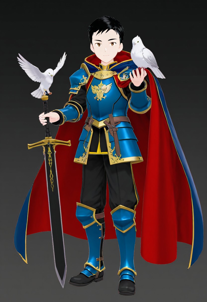 harmard, black hair, short hair, brown eyes, 1boy, solo, solo focus, young, youthful, he is dressed in a suit of dark iron platemail. Break. he is holding up a black coloured sword. Properly holding the sword by the hilt, his armour bears a crest of a yellow dove. fantasy armour. stylized silver dove emblems and symbols on armour and sheild. Break. epic background is a a beautiful palace. a strong wind is blowing his cape, blue armour