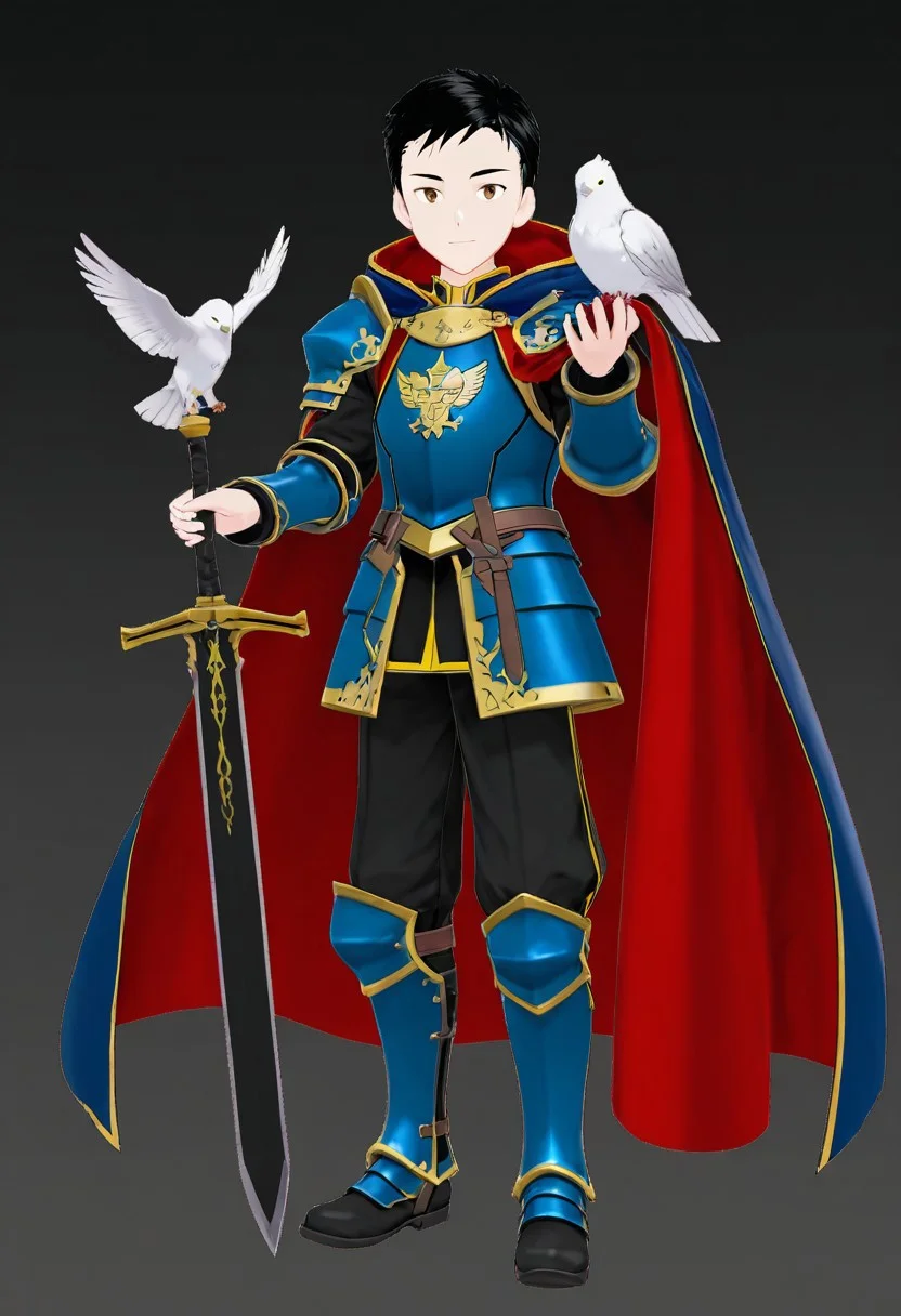 harmard, black hair, short hair, brown eyes, 1boy, solo, solo focus, young, youthful, he is dressed in a suit of dark iron platemail. Break. he is holding up a black coloured sword. Properly holding the sword by the hilt, his armour bears a crest of a yellow dove. fantasy armour. stylized silver dove emblems and symbols on armour and sheild. Break. epic background is a a beautiful palace. a strong wind is blowing his cape, blue armour