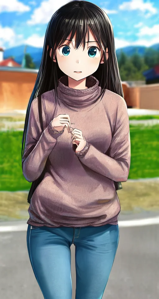1girl, face, sweater, outdoors, jeans, sky, flat
