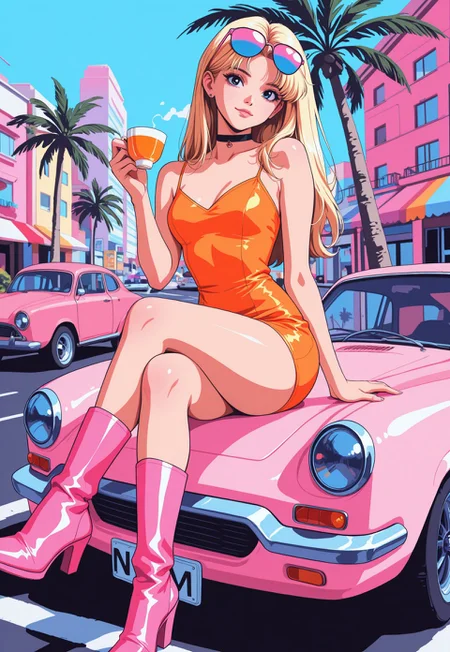 masterpiece, best quality, 8k, highres, anime coloring, pastel colors, vibrant colors, neon aesthetic, 90s miami aesthetic, 1girl, solo, long hair, blonde hair, black highlights, windswept hair, hair behind ear, loose hair strand, pink sunglasses, choker, neon dress, orange dress, short dress, tight dress, sleeveless dress, pink boots, high heel boots, fashionable, posing, sipping tea, sitting, crossed legs, confident expression, head tilt, urban, palm trees, street, daytime, sunny, clear sky, pastel buildings, retro car, colorful, bright lighting, high contrast, fashion shoot, fashion model, summer, looking at viewer, eye-level view