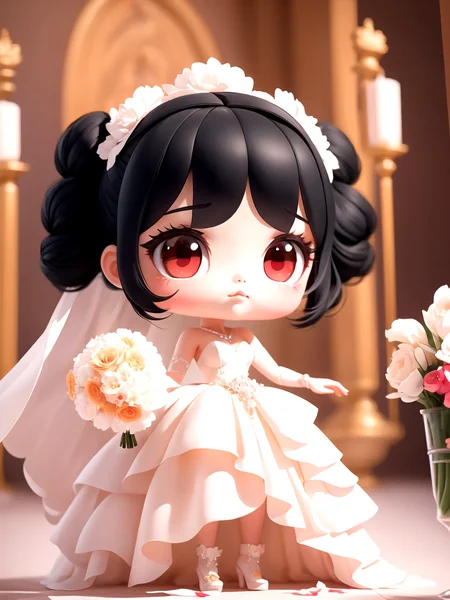 full body, 1girl ,chibi, black hair, red eyes,
wedding dress, bouquet on hand,