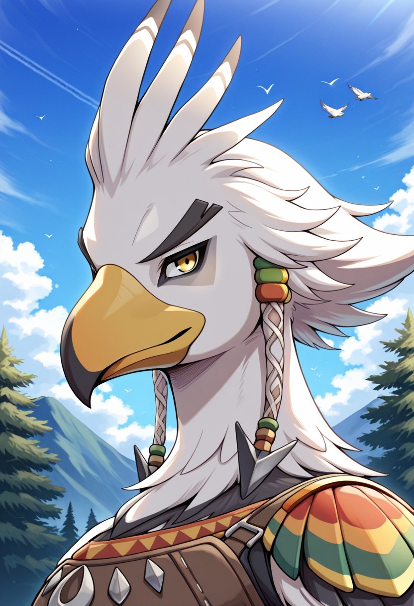 best quality, newest, absurdres, highres, Anthro,bird,Teba,yellow eyes,white fur,beak,face focus,outdoors