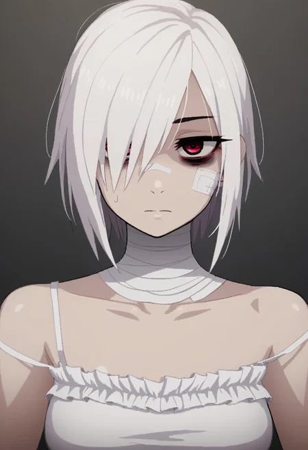 score 9 up, score 8 up, solo,1girl, white hair, hair over one eye, two-tone eyes, pink eyes, red eyes, white clothing, spaghetti_strap, oversized blouse, breasts, bags under eyes, mascara, bandaged_neck, bare legs, aliasing, SignalisArtStyle