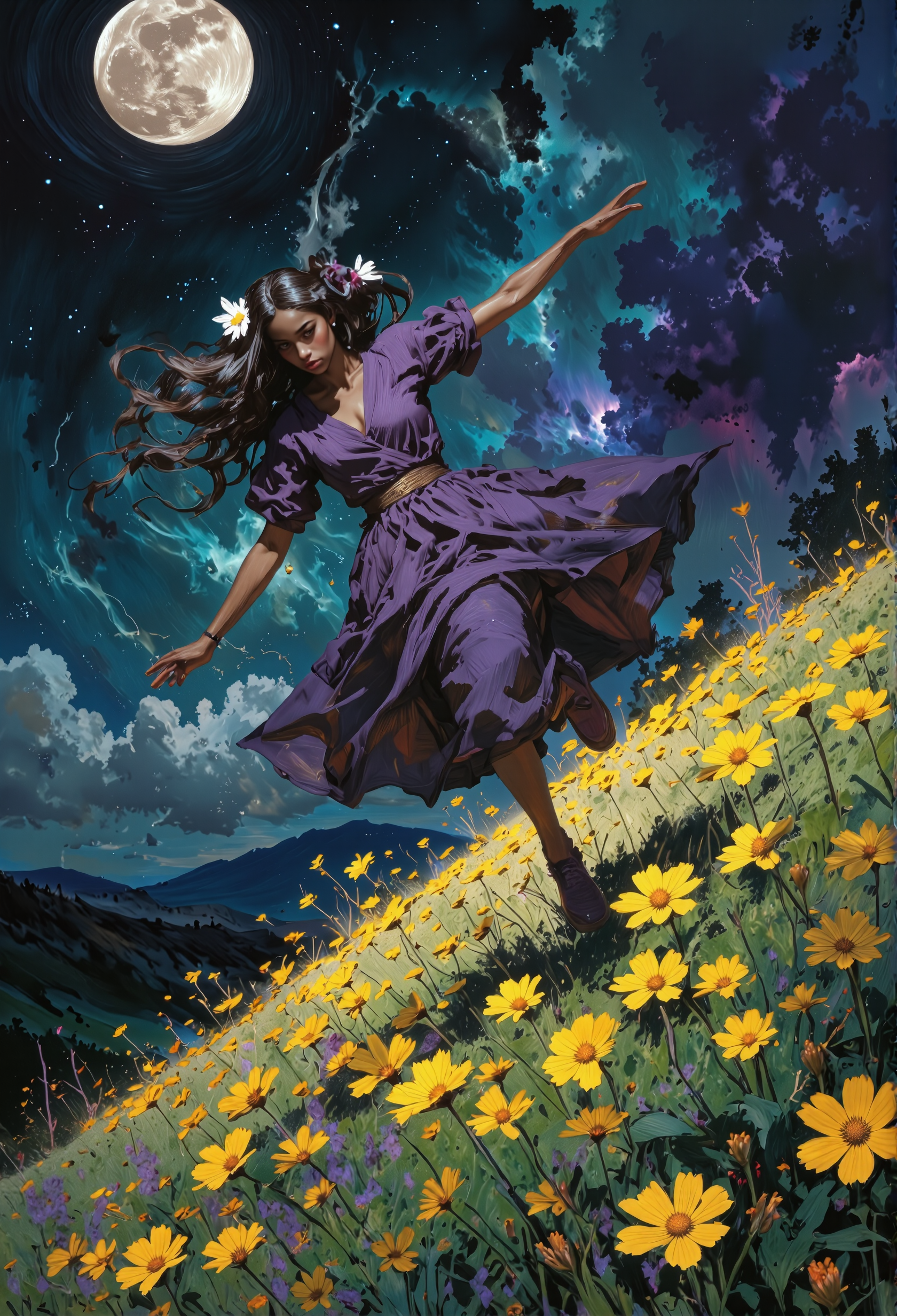 A breathtaking illustration of a vast field of vibrant yellow flowers under the soft glow of a full moon. The flowers cascade down a gently sloping hill, creating a vivid contrast against the dark green foliage. fantasy art, night, stars, vibrant sky, black hair, 1girl, purple dress, flowers in hair,  dynamic pose, jumping, jumping pose, arched back. She wears purple shoes.