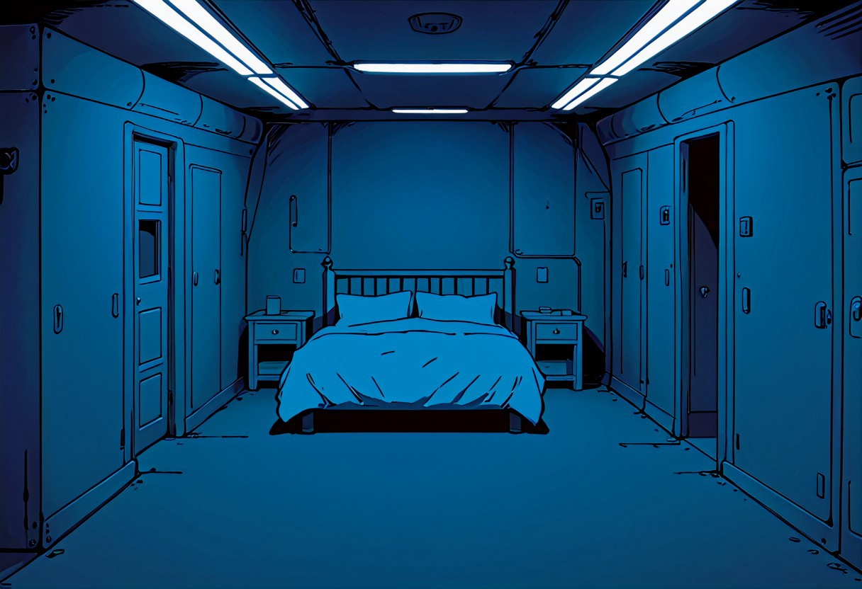 metal ship's master bedroom with four blank walls, underground, blue color, vivid color, no windows, thick lines, solid walls, clean and tidy, old room, furnished king-size bed, ship bedroom, grunge, anime screencap in vwst artstyle, lineart, flat colors, high-definition 8k, best quality, high quality, ultra-detailed, vector, simple details, outlines