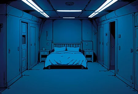metal ship's master bedroom with four blank walls, underground, blue color, vivid color, no windows, thick lines, solid walls, clean and tidy, old room, furnished king-size bed, ship bedroom, grunge, anime screencap in vwst artstyle, lineart, flat colors, high-definition 8k, best quality, high quality, ultra-detailed, vector, simple details, outlines