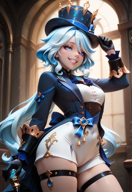 SmoothNoob_Quality, steampunk, 1girl, solo, furina \(genshin impact\), holding cane, grin, adjusting hat, pose, contrapposto, <lora:SmoothStyle_Lambda:0.8> <lora:Smooth_SteamPunk:0.8>